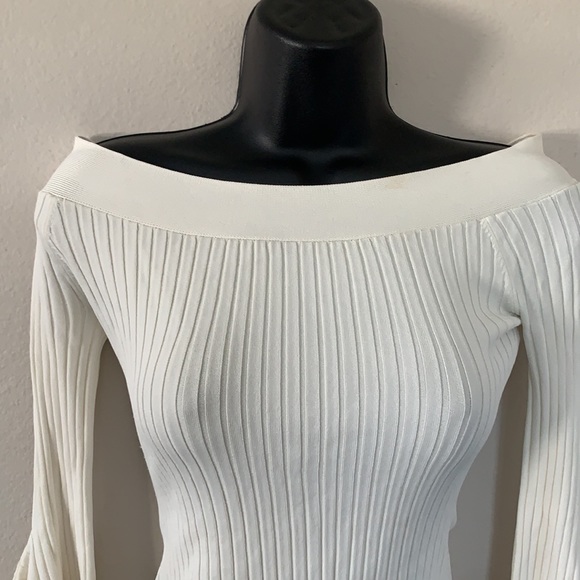 BCBG MaxAzria Gardenia Cream Stevie Ribbed Off The Shoulder Bell Sleeve Sweater - Picture 6 of 13